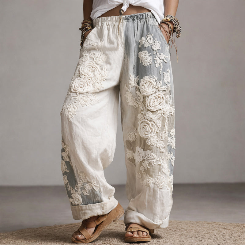 Eliana - Women's Floral Embroidered Wide-Leg Pants