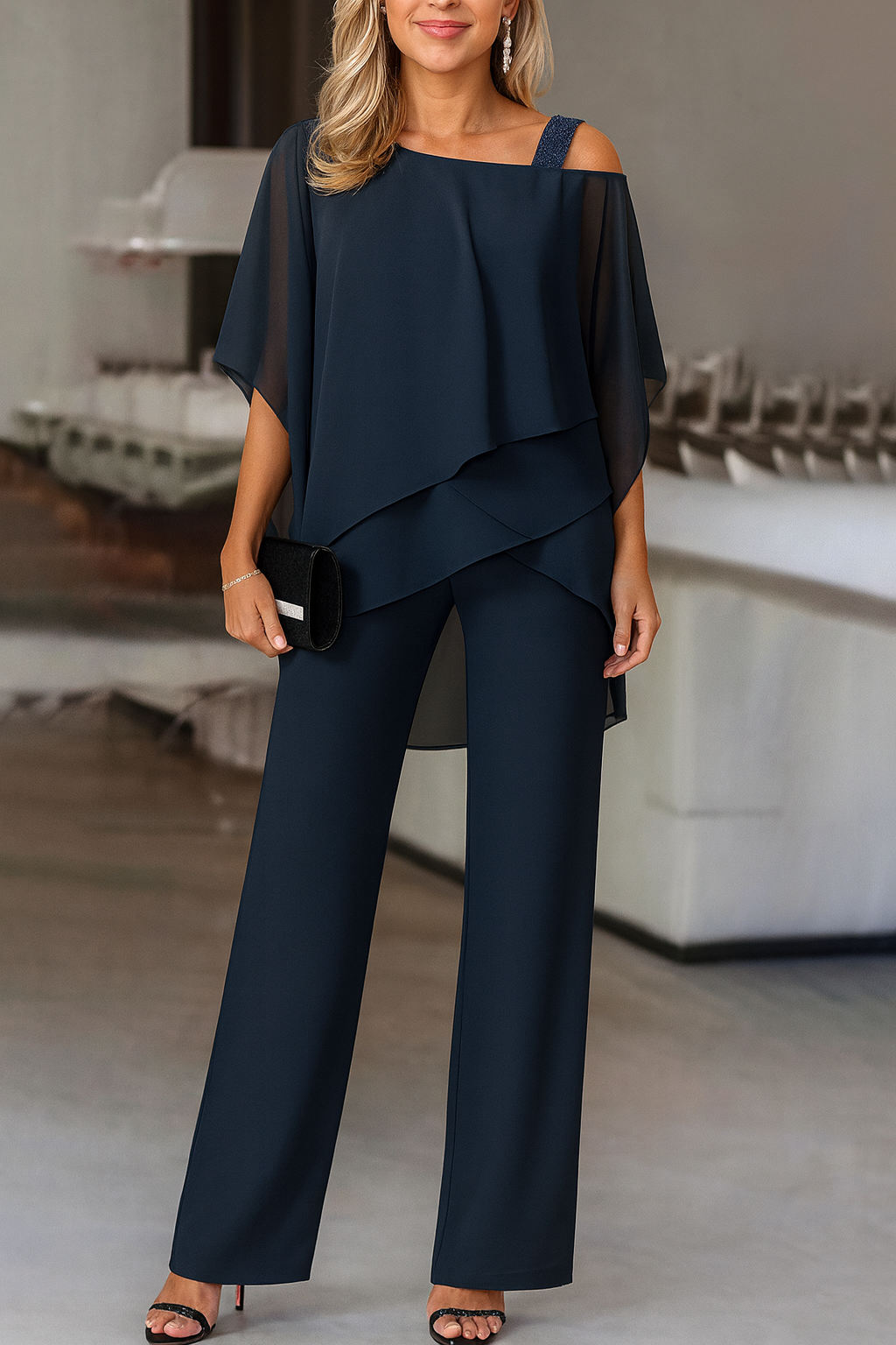 Eloise - Women's Cold-Shoulder Layered Evening Pantsuit