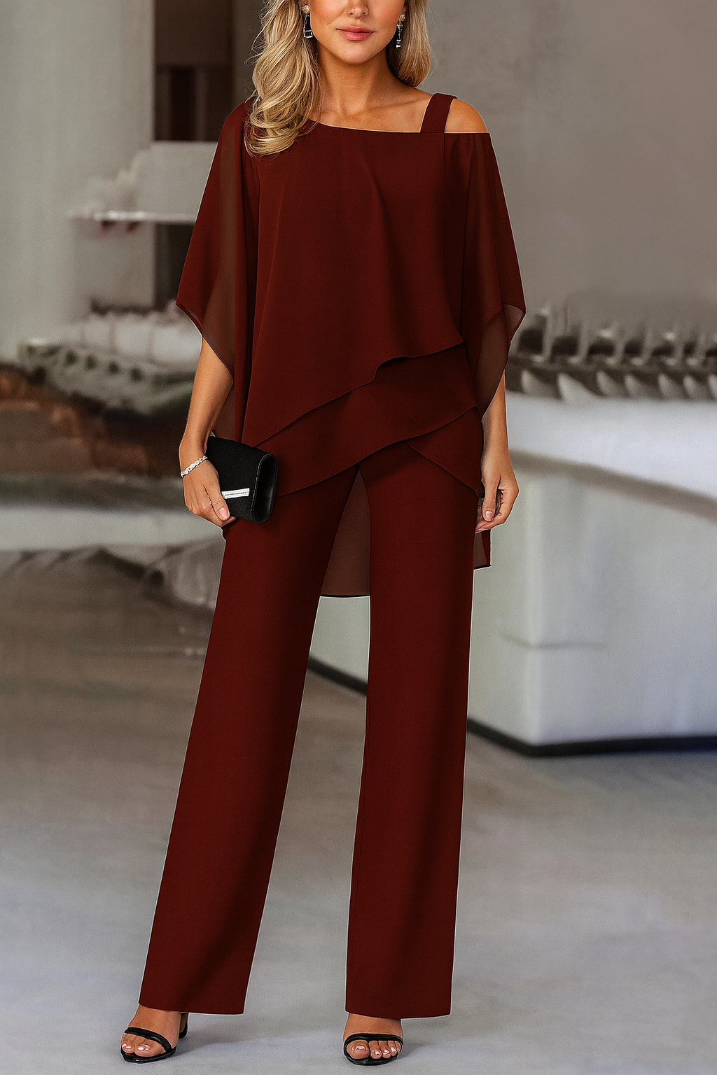 Eloise - Women's Cold-Shoulder Layered Evening Pantsuit