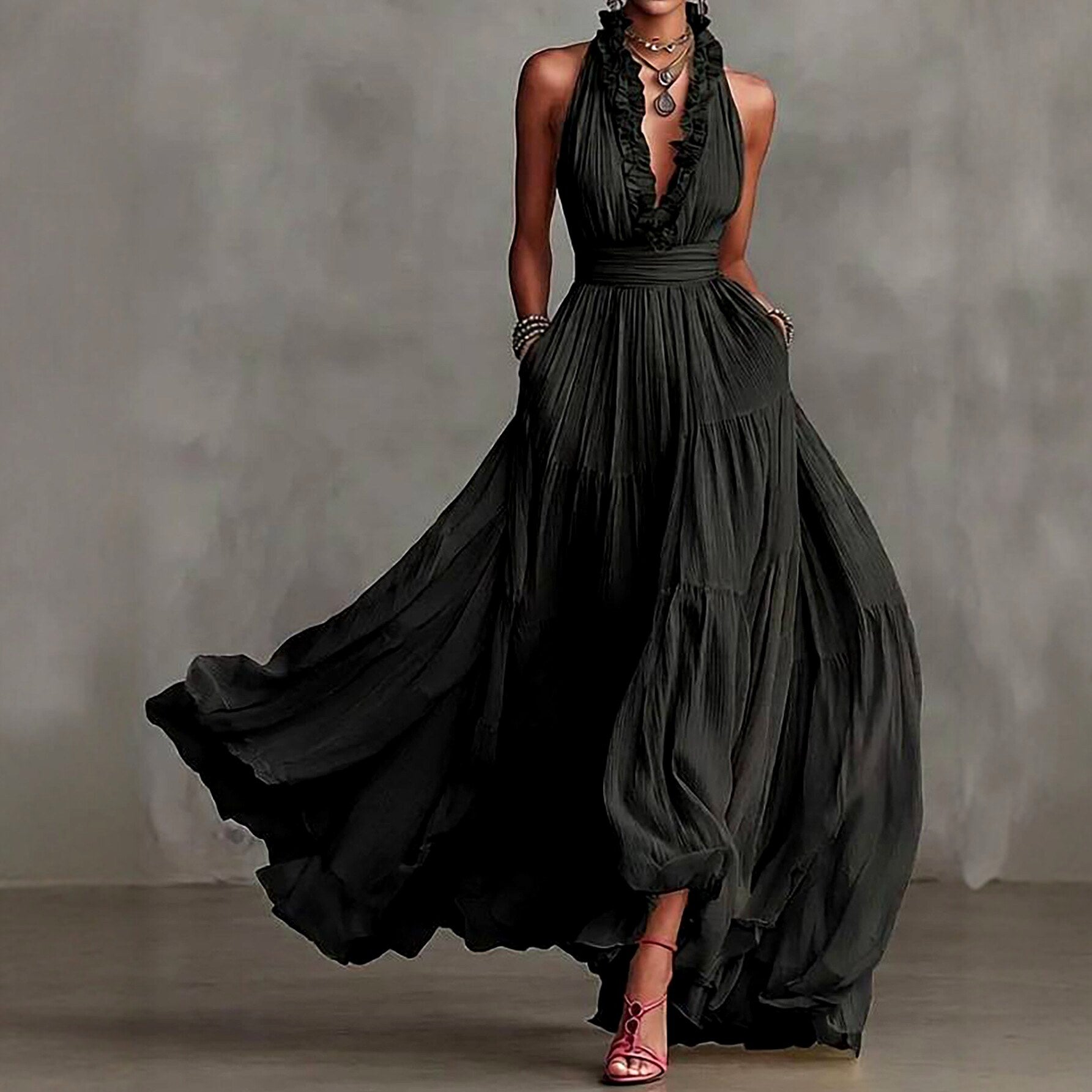 Emma - Women's V-Neck Pleated Halter Boho Maxi Dress 3