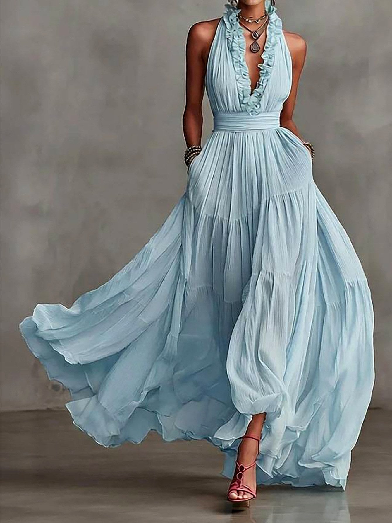 Emma - Women's V-Neck Pleated Halter Boho Maxi Dress 4