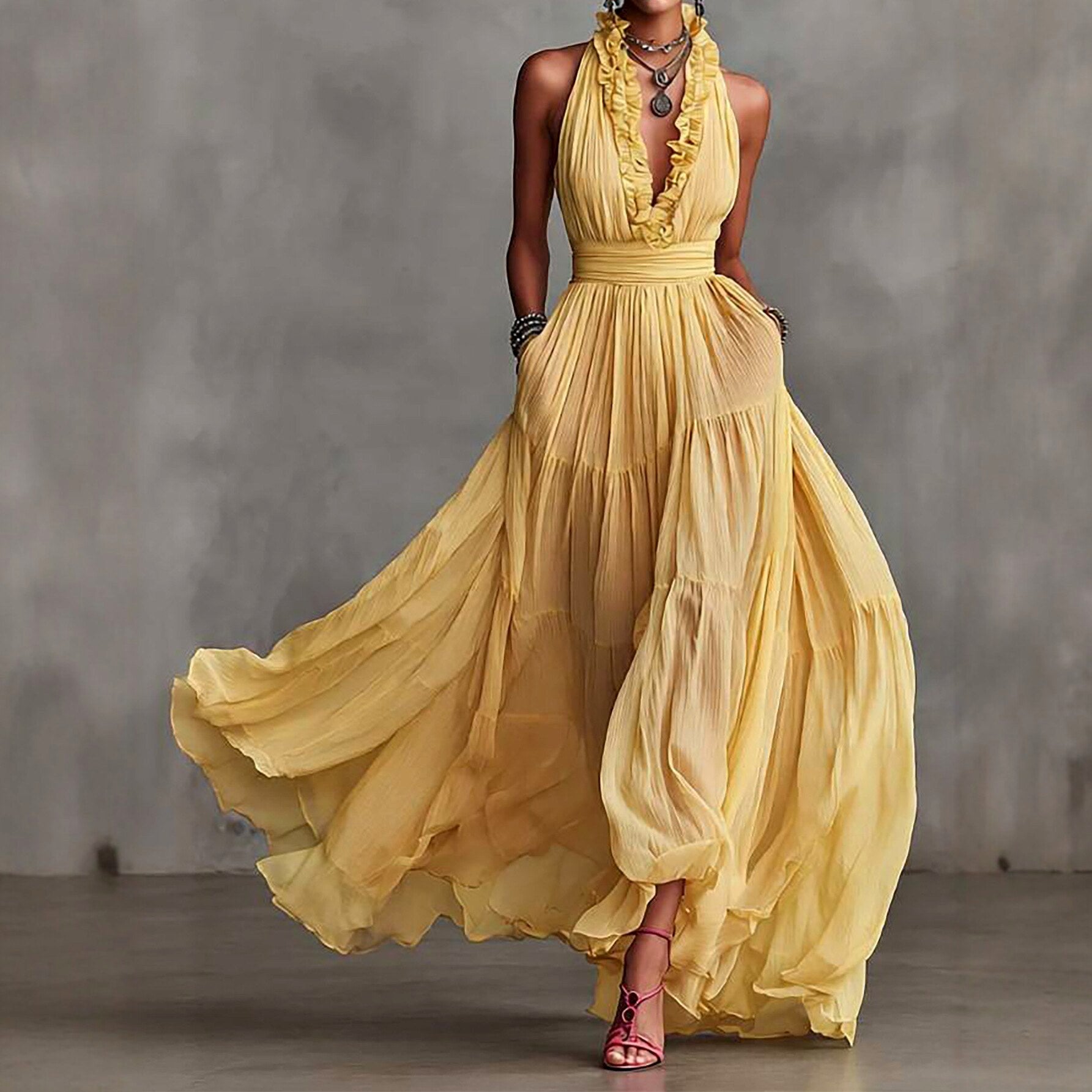 Emma - Women's V-Neck Pleated Halter Boho Maxi Dress 5