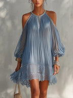 Emmaline - Women's Pleated Cold-Shoulder Lace Mini Dress 1