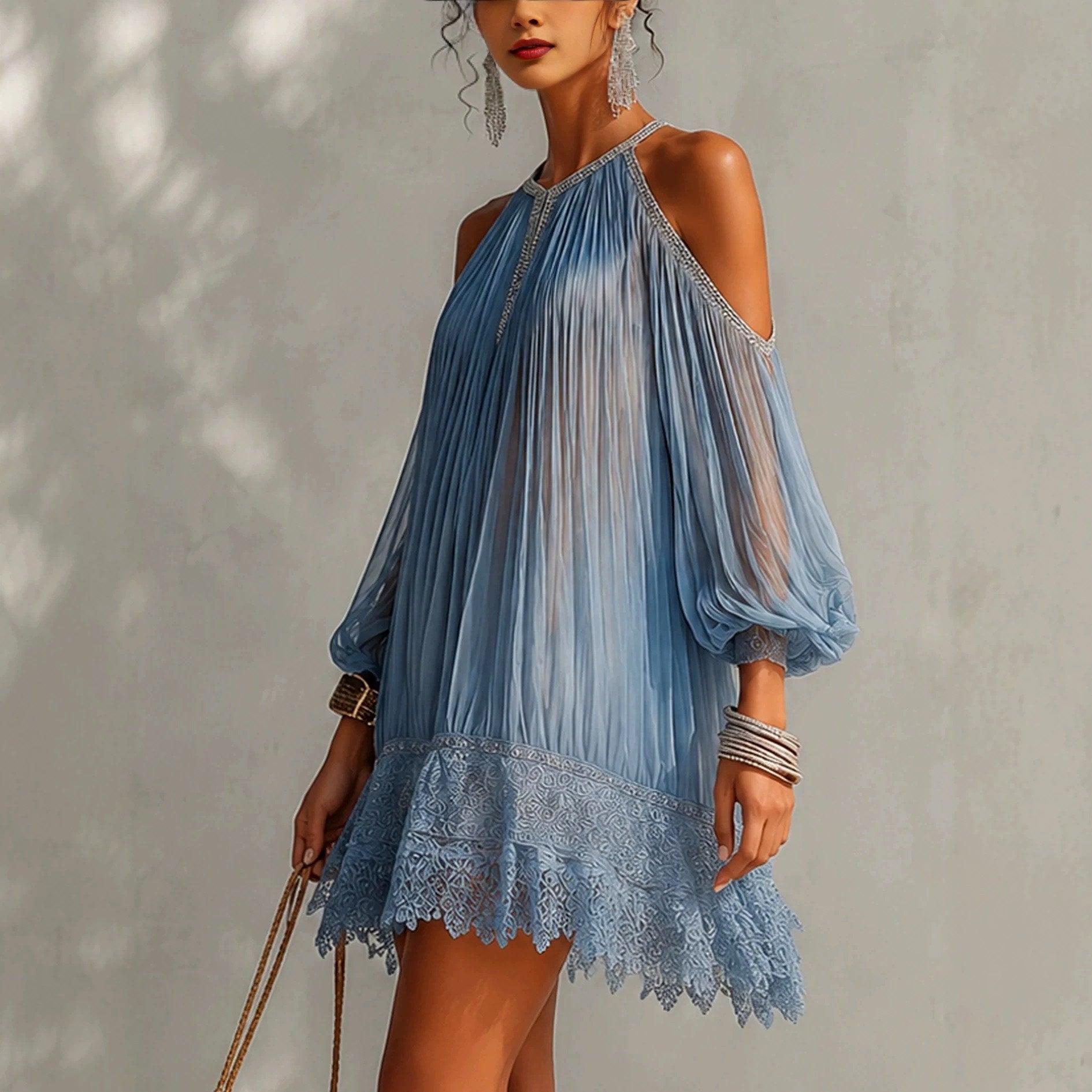 Emmaline - Women's Pleated Cold-Shoulder Lace Mini Dress 2