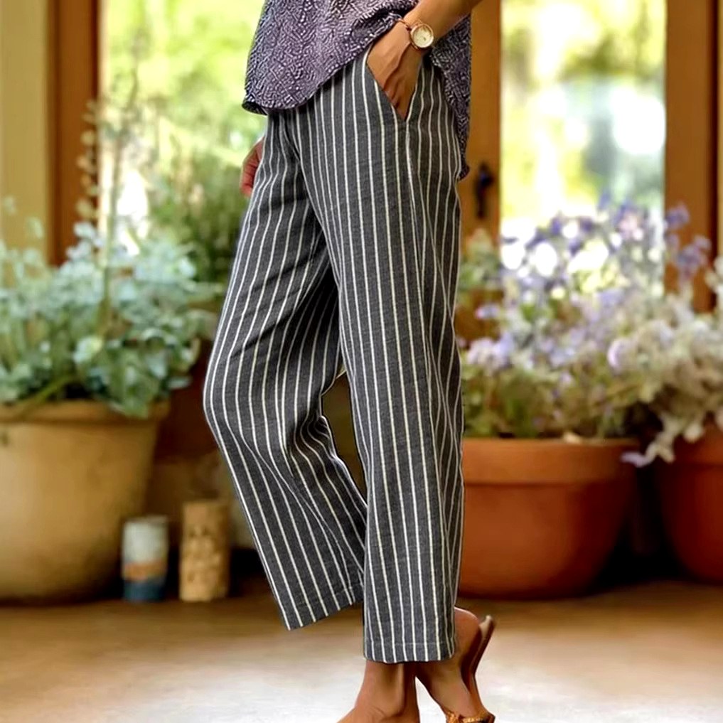 Esme - Women's Striped Relaxed Straight-Leg Trousers 2