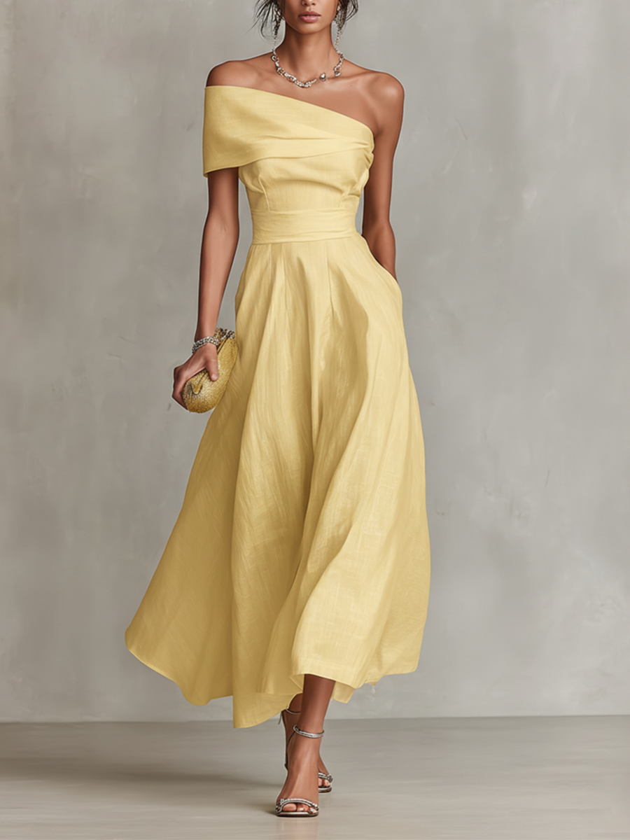 Eulalia - Women's Off-Shoulder Draped  A-Line Midi Dress 