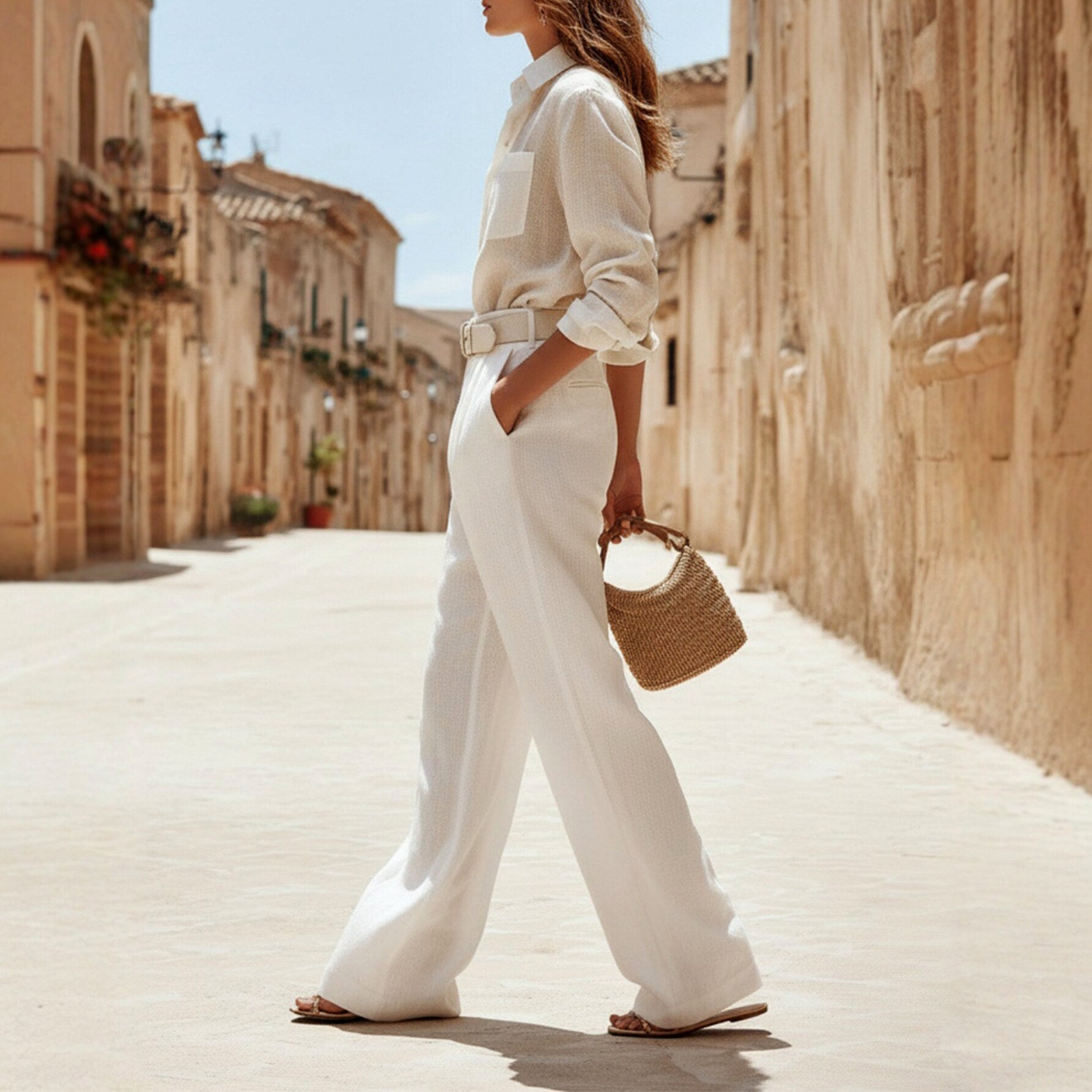 Euphemia - Women's Button-Up Shirt & Wide Leg Pant Set 3