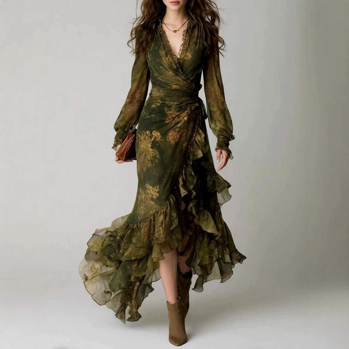 Evelyn - Women's Floral Wrap Ruffle High-Low Maxi Dress 1