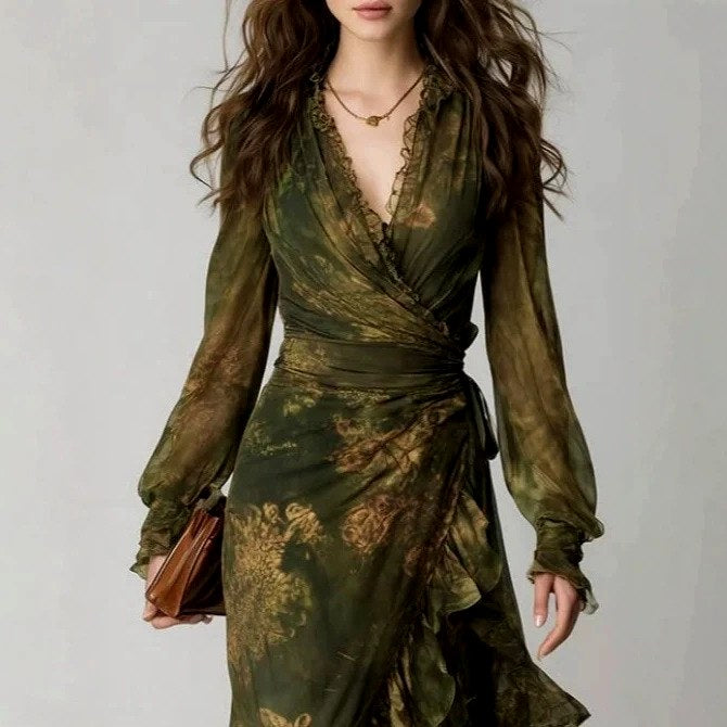 Evelyn - Women's Floral Wrap Ruffle High-Low Maxi Dress 3