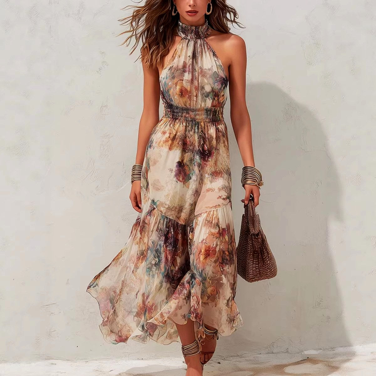 Fae - Women's Floral Halter Tiered Resort Maxi Dress 1