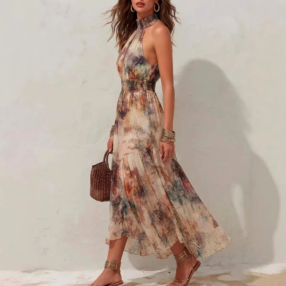 Fae - Women's Floral Halter Tiered Resort Maxi Dress 2