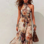 Fae - Women's Floral Halter Tiered Resort Maxi Dress 4