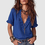 Fatima - Women's Ruffle-Trim V-Neck Linen Blend Shirt