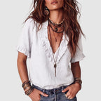 Fatima - Women's Ruffle-Trim V-Neck Linen Blend Shirt