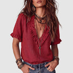 Fatima - Women's Ruffle-Trim V-Neck Linen Blend Shirt