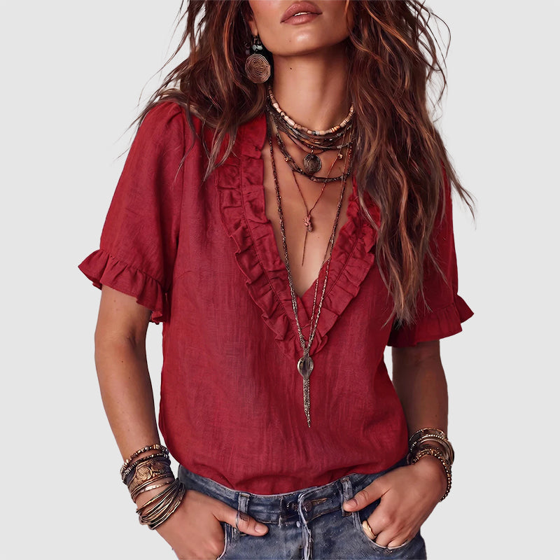 Fatima - Women's Ruffle-Trim V-Neck Linen Blend Shirt