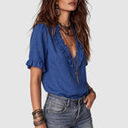 Fatima - Women's Ruffle-Trim V-Neck Linen Blend Shirt