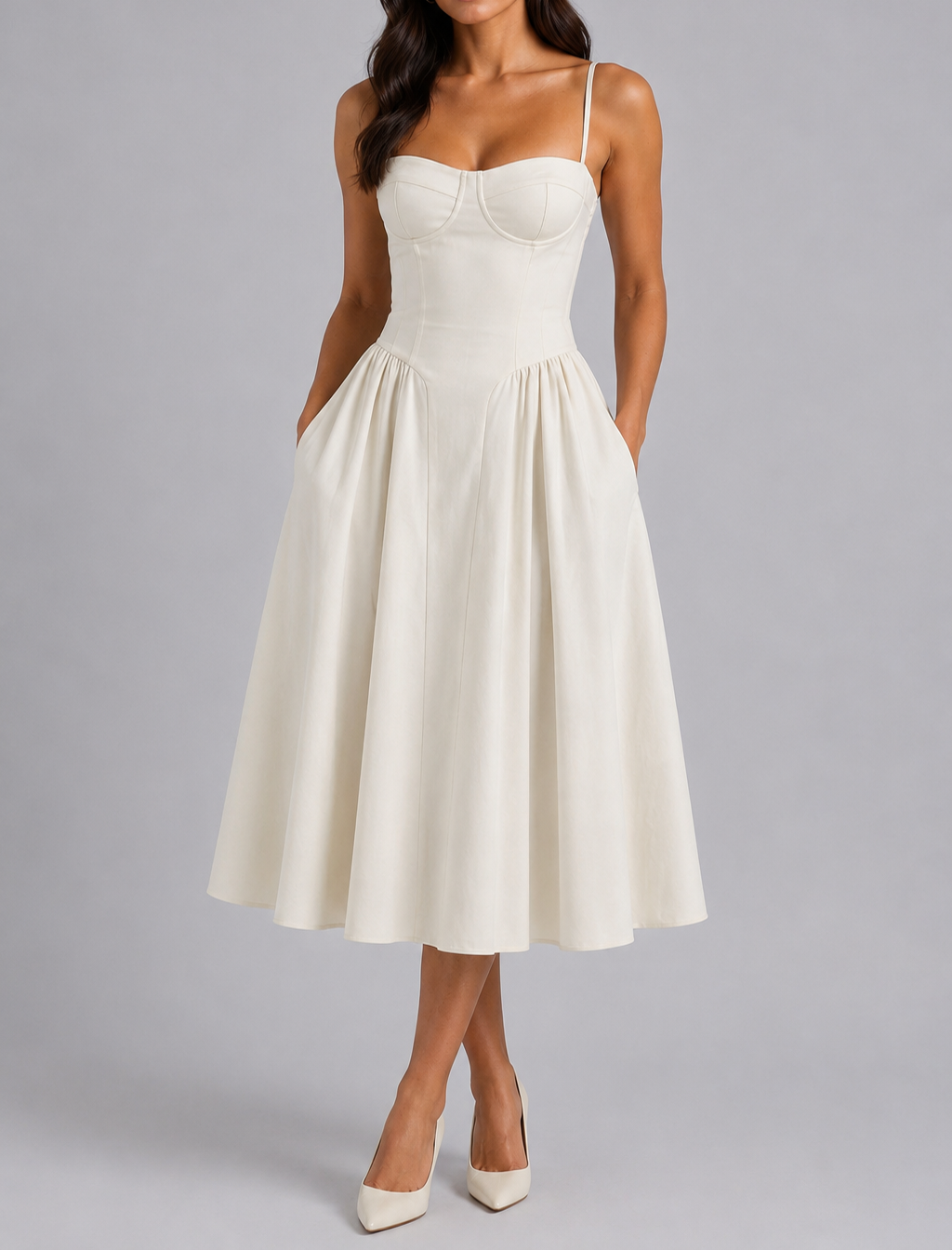 Faye - Women's Sweetheart Corset Midi Dress with Gathered Skirt