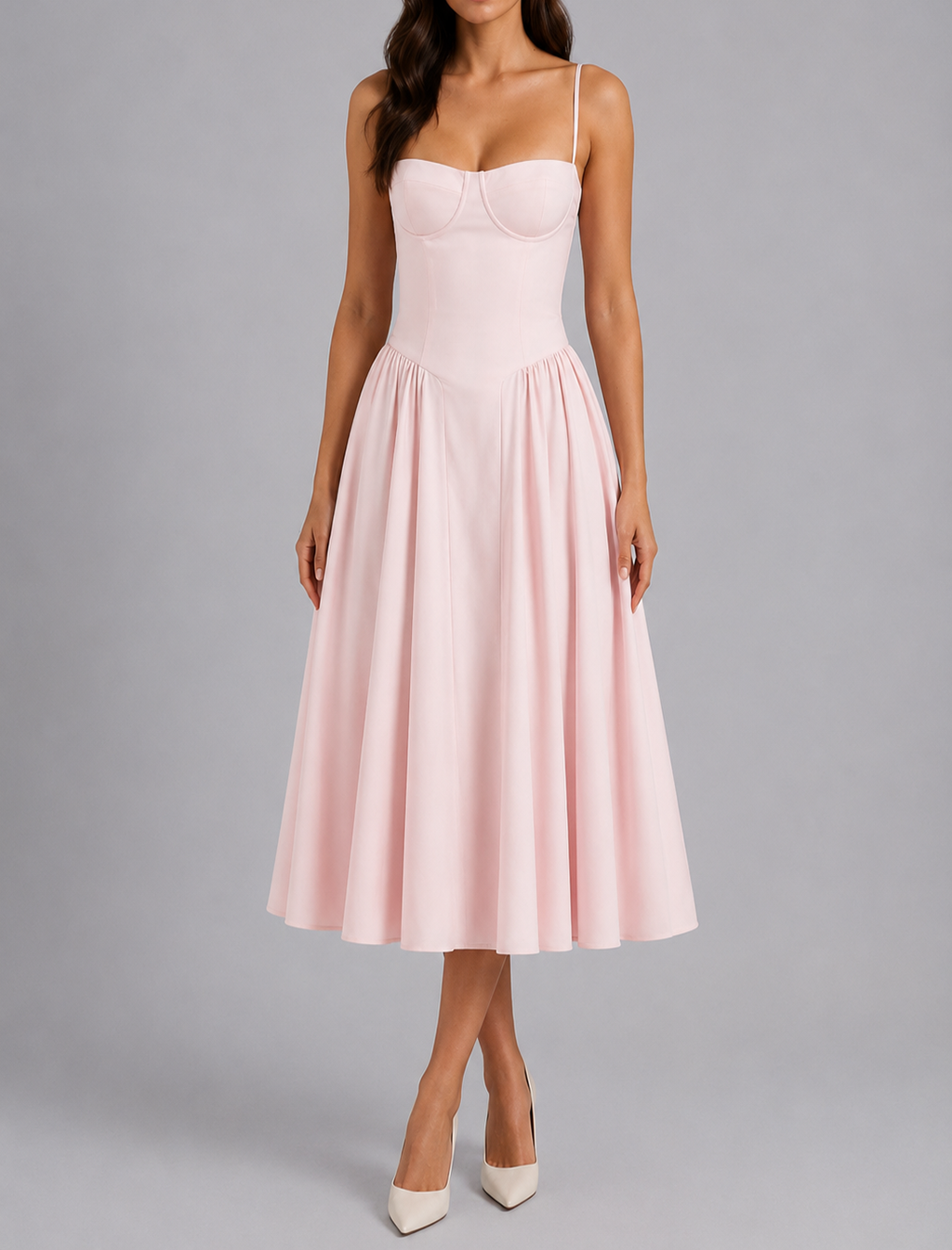 Faye - Women's Sweetheart Corset Midi Dress with Gathered Skirt