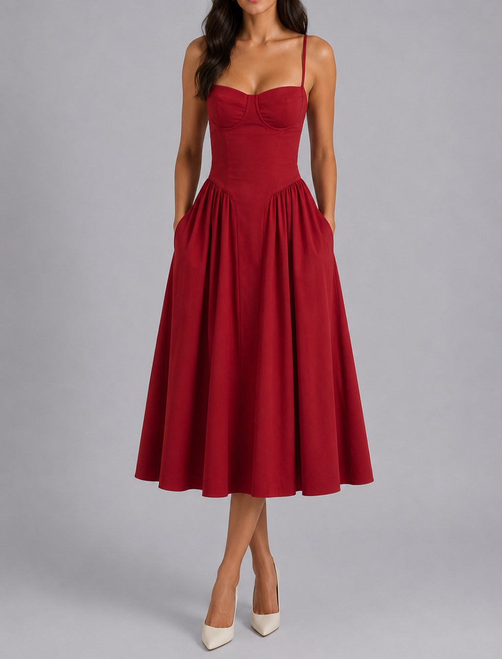Faye - Women's Sweetheart Corset Midi Dress with Gathered Skirt