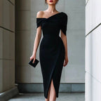 Fidelma - Women's Off-Shoulder Ruched Front Slit Midi Dress 1