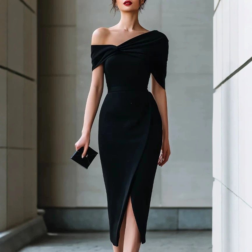 Fidelma - Women's Off-Shoulder Ruched Front Slit Midi Dress 1