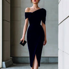 Fidelma - Women's Off-Shoulder Ruched Front Slit Midi Dress 2