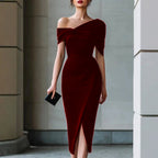 Fidelma - Women's Off-Shoulder Ruched Front Slit Midi Dress 3