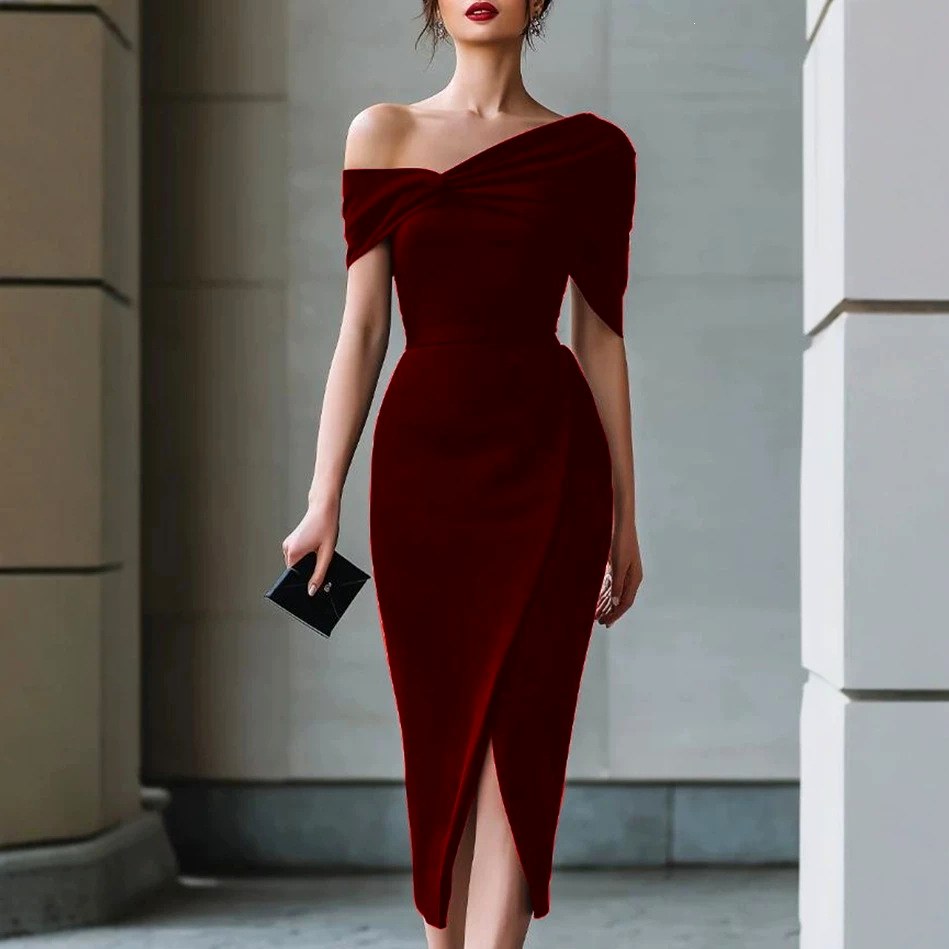 Fidelma - Women's Off-Shoulder Ruched Front Slit Midi Dress 3
