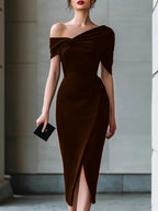 Fidelma - Women's Off-Shoulder Ruched Front Slit Midi Dress 4