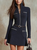 Filomena - Women's Long Sleeve Zip Front Mini Dress 1