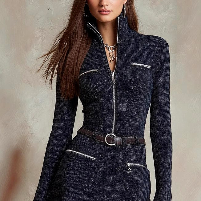 Filomena - Women's Long Sleeve Zip Front Mini Dress 4