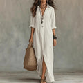 Fiona - Women's Button-Front Collared Maxi Dress with Side Split