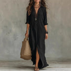 Fiona - Women's Button-Front Collared Maxi Dress with Side Split