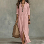 Fiona - Women's Button-Front Collared Maxi Dress with Side Split