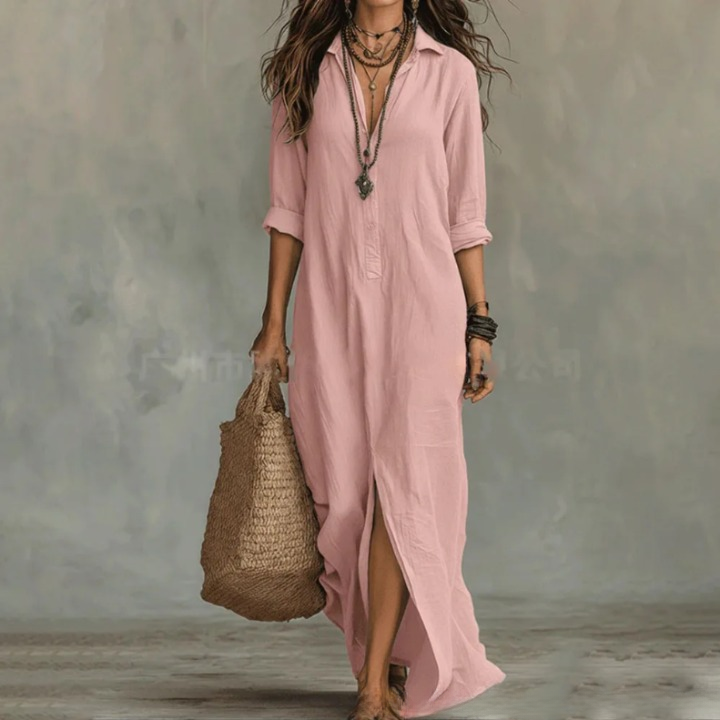 Fiona - Women's Button-Front Collared Maxi Dress with Side Split
