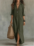 Fiona - Women's Button-Front Collared Maxi Dress with Side Split
