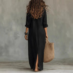 Fiona - Women's Button-Front Collared Maxi Dress with Side Split