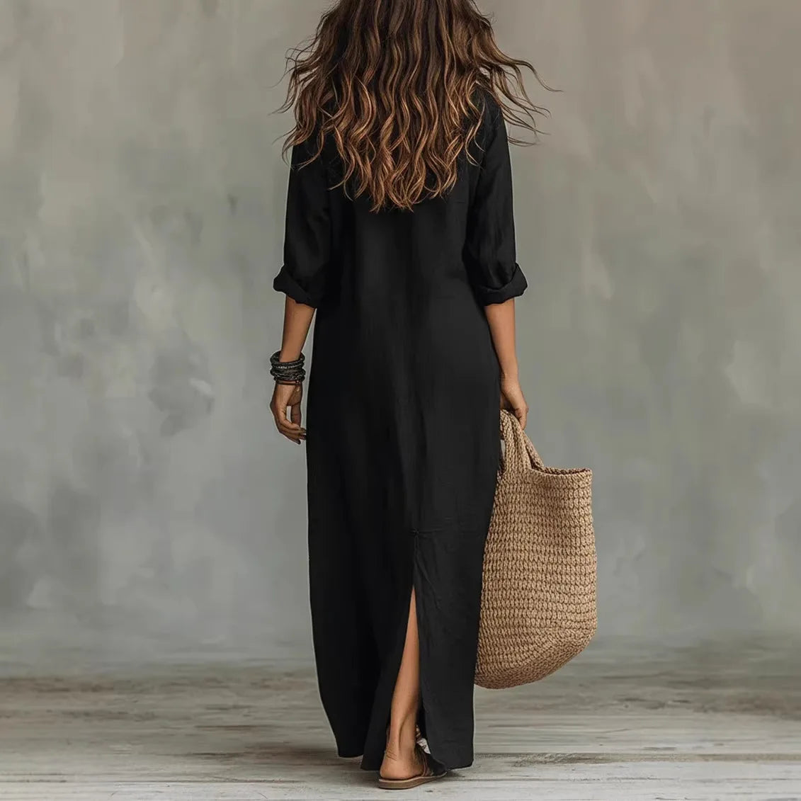 Fiona - Women's Button-Front Collared Maxi Dress with Side Split