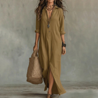 Fiona - Women's Button-Front Collared Maxi Dress with Side Split