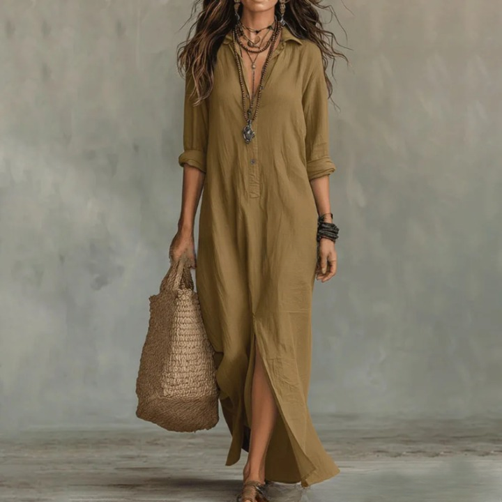 Fiona - Women's Button-Front Collared Maxi Dress with Side Split