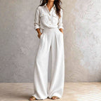 Garnet - Women's Cotton Collared Wide Leg Matching Set 1