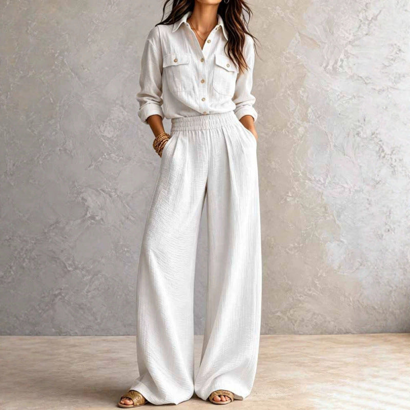 Garnet - Women's Cotton Collared Wide Leg Matching Set 1