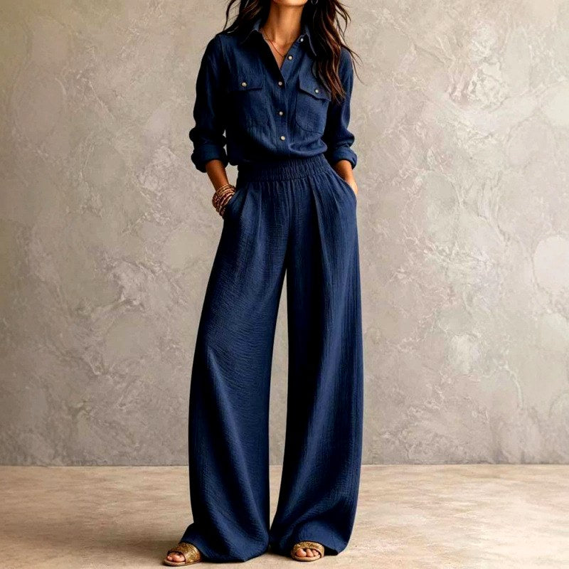 Garnet - Women's Cotton Collared Wide Leg Matching Set 2