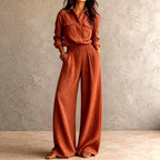 Garnet - Women's Cotton Collared Wide Leg Matching Set 3