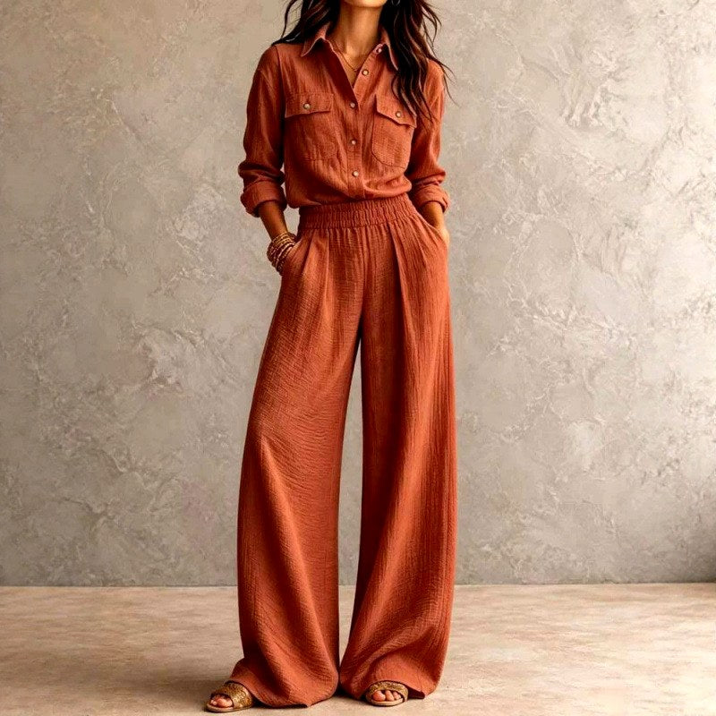 Garnet - Women's Cotton Collared Wide Leg Matching Set 3