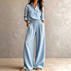 Garnet - Women's Cotton Collared Wide Leg Matching Set 4