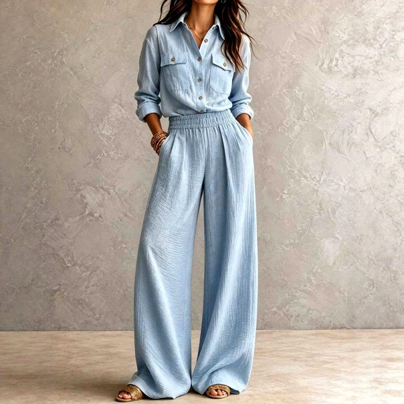 Garnet - Women's Cotton Collared Wide Leg Matching Set 4
