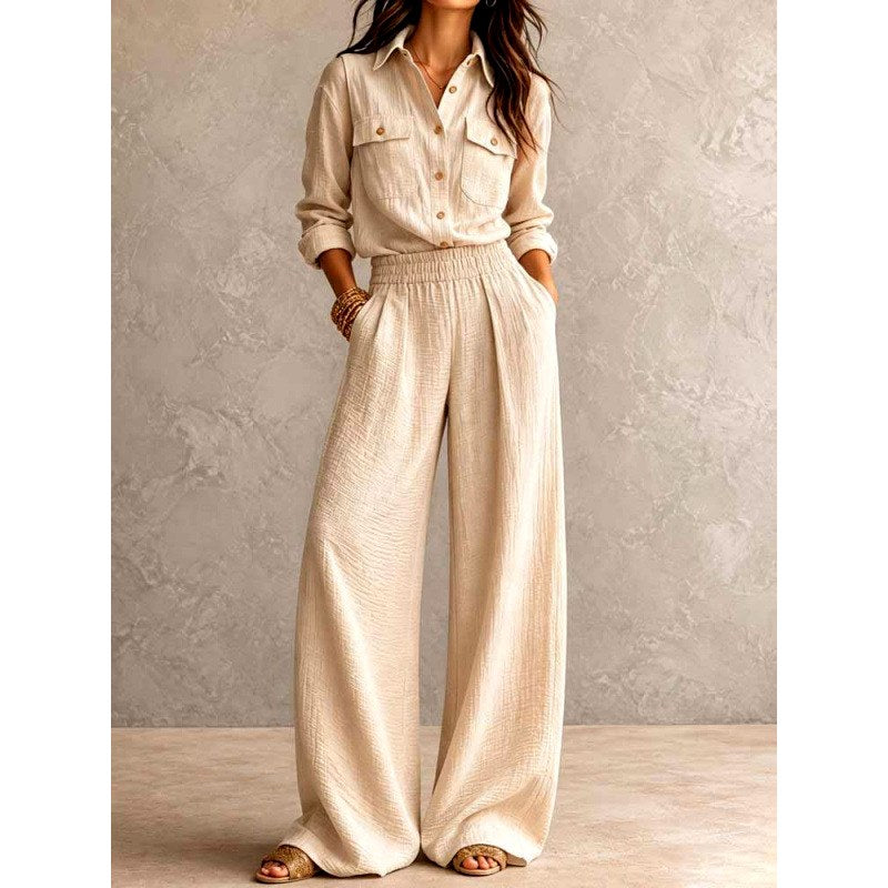Garnet - Women's Cotton Collared Wide Leg Matching Set 5