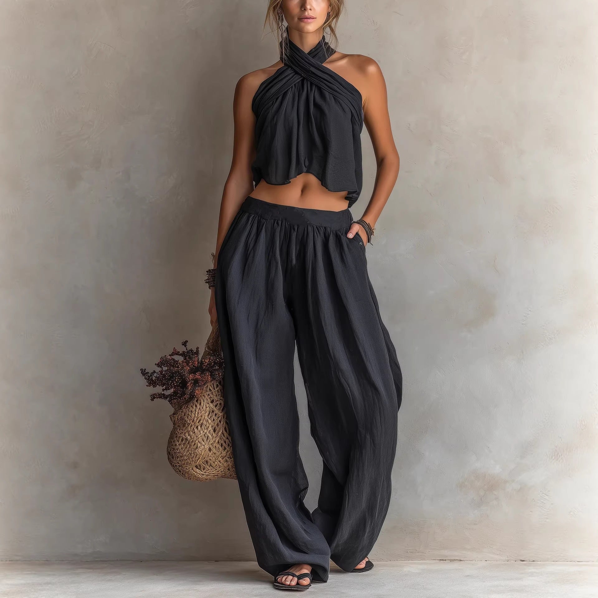 Gemma - Women's Halter Crossover Wide Leg Matching Set 1